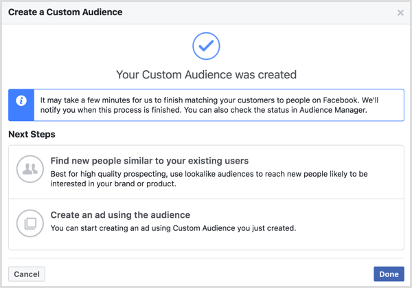 Az egyéni közönség létrehozva üzenet, amely a Facebook egyéni közönség létrehozása után jelenik meg