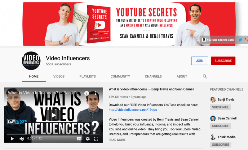 YouTube-csatornaoldal a Video Influencers számára