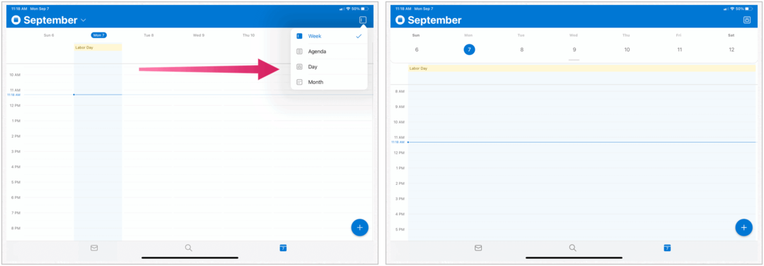 Microsoft Outlook iPad-en, naptár nézet