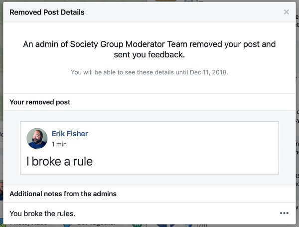 Úgy tűnik, hogy a Facebook Csoportok lehetőséget adnak az adminisztrátoroknak, hogy megosszák a bejegyzés eltávolításának okát a közzétevővel.