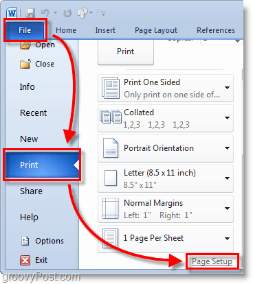 A Micosoft Word 2010 Screenshot válassza a fájl> nyomtatási menüt a háttérből, majd kattintson az oldalbeállításra a Word 2010-ben