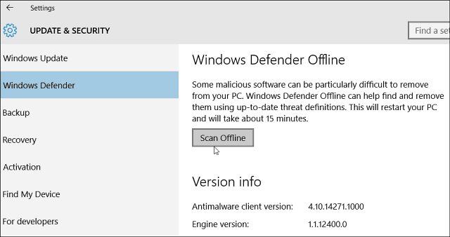 A Windows 10 Defender lehetővé teszi a rosszindulatú programok offline keresését