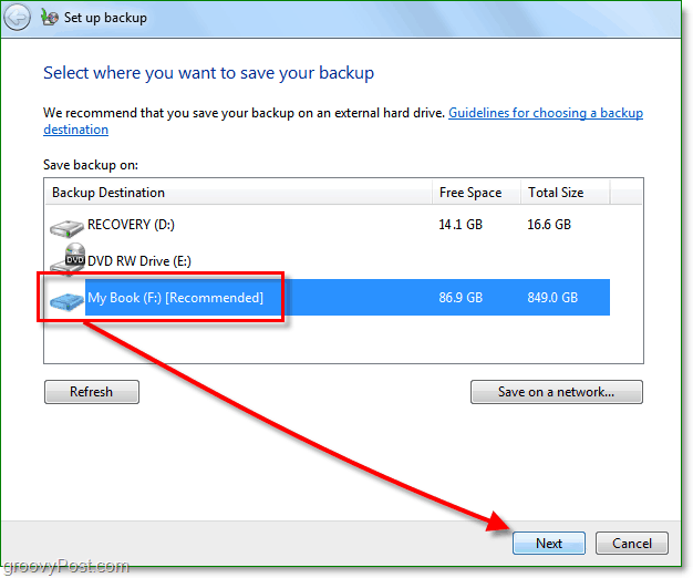 Windows 7 biztonsági másolat - válassza ki a biztonsági mentési helyet