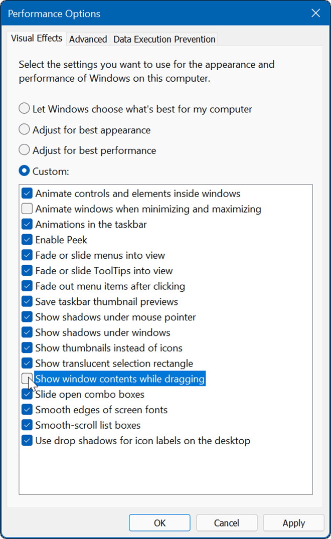 két effektus letiltása a Windows 11 effektusoknál