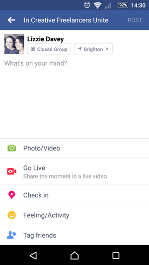 A Facebook Live használatának megkezdéséhez érintse meg a Go Live elemet, amikor állapotot hoz létre.