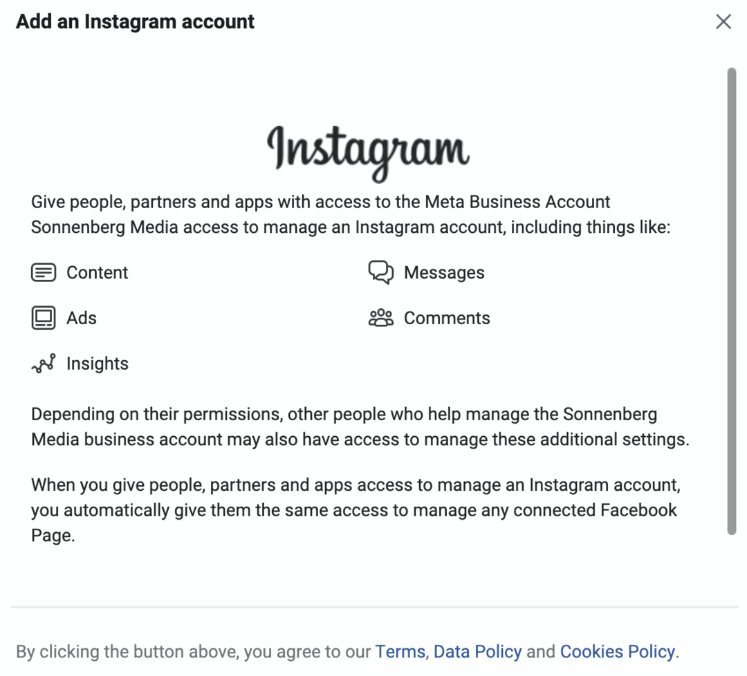 az Instagram-fiók hozzáadása képernyő képe a Meta Business Managerben