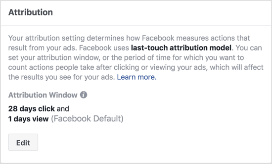 A Facebook hozzárendelési ablak alapértelmezett beállításai a hirdetés megtekintésétől számított 1 napon belül és a hirdetésre kattintástól számított 28 napon belül végrehajtott műveleteket mutatják. 