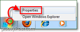 a Start menü tulajdonságainak megnyitása a Windows 7 rendszerben 