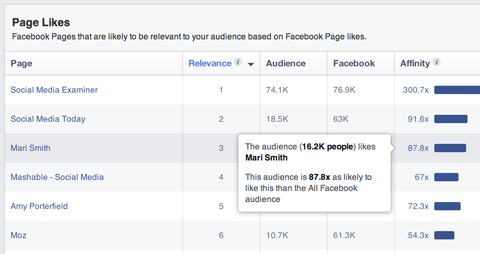 A facebook közönség betekintést mutat a szegmens affinitás felugró ablakába
