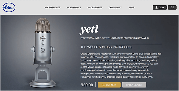 Dusty Porter azt javasolja, hogy frissítsen egy USB-mikrofonra, mint a Blue Yeti. A Yeti mikrofon kék értékesítési oldalán egy állványon lévő króm mikrofon képe jelenik meg sötétszürke háttérrel. Az ár 129,00 USD.