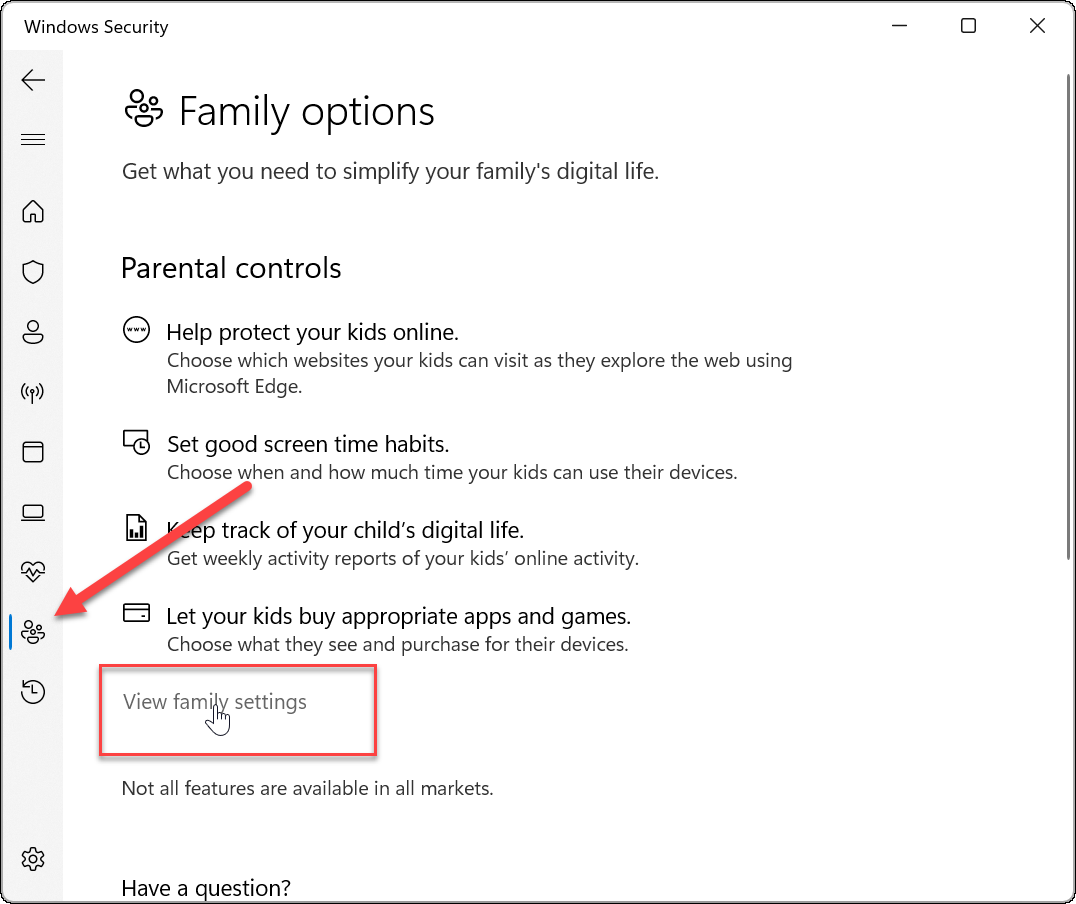 A Windows biztonsági család beállításai