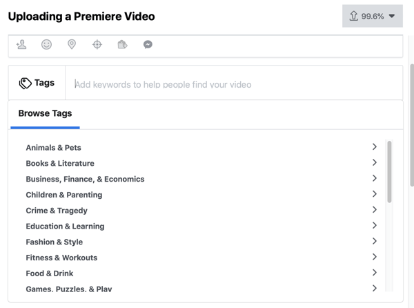 A Facebook Premiere beállítása, 4. lépés, videocímkék