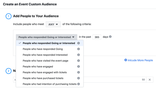 Hogyan népszerűsítheti élő eseményét a Facebookon, 11. lépés: hozzon létre egy eseményre szabott közönséget olyan emberekből, akik válaszoltak az eseményre, vagy érdeklődtek az esemény iránt