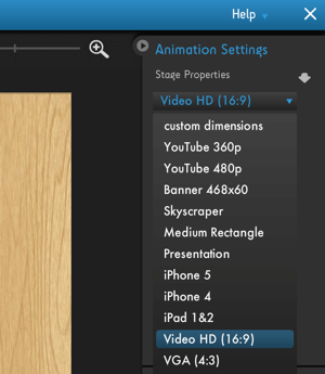 Kattintson a Moovly Animation Settings menüre a videóplatform optimalizálási lehetőségeinek megtekintéséhez.