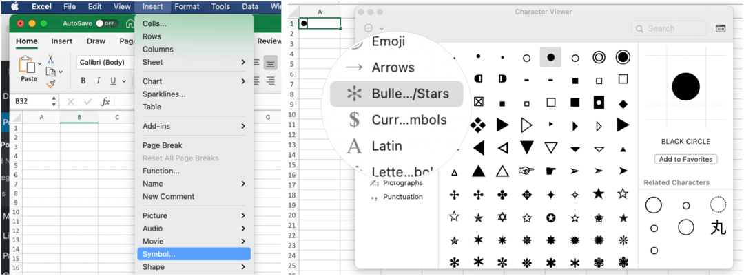 Helyezzen be golyókat a Mac Excel programba