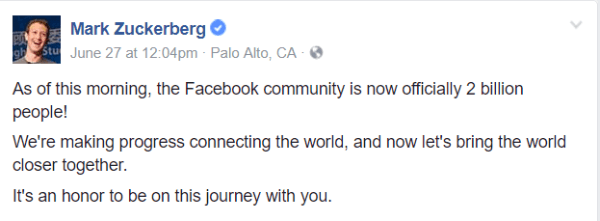 A Facebook meghaladta a havi 2 milliárd aktív felhasználó mérföldkövét.