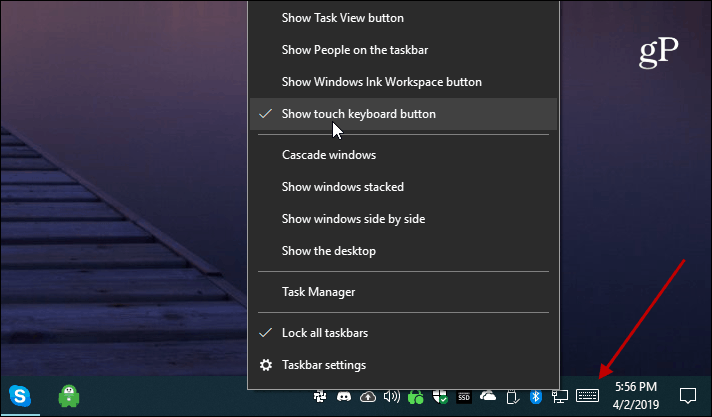 A Windows 10 az érintőbillentyűzet gombjának megjelenítése