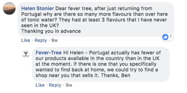 Példa arra, hogy a Fever-Tree válaszol egy ügyfél kérdésére egy Facebook-bejegyzésen.