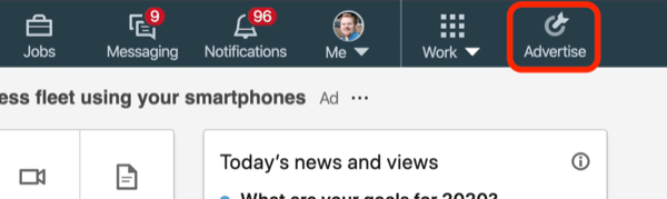 képernyőkép a Reklám gomb a LinkedIn-en