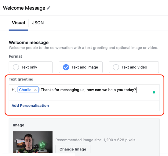 Hogyan célozhatjuk meg a meleg leadeket a Facebook Messenger hirdetésekkel, 12. lépés: Messenger cél egyéni sablon testreszabási példája