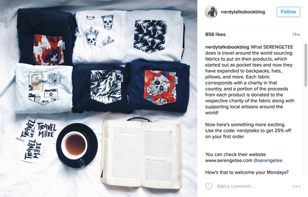 A Nerdy Talks Book Blog a Serengetee termékeket tartalmazza, és az Instagramról tájékoztatja a követőket az okról.