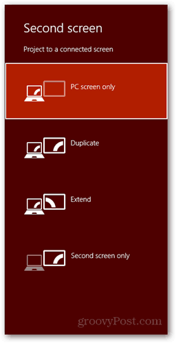  Windows 8 billentyűparancs új képernyő megjelenítésére szolgáló párbeszédpanel csatlakoztatása pc képernyő duplikátum csak a második képernyő bővítéséhez