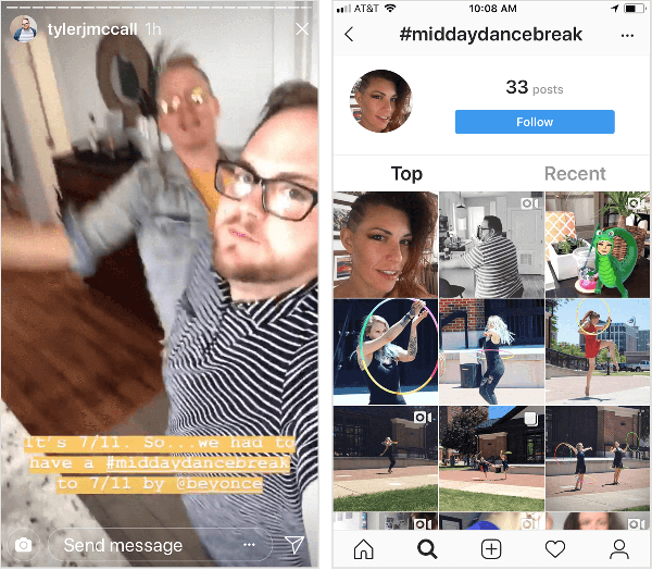 Tyler J. McCall közzétesz egy Instagram Story videót, amelyen az látható, hogy „Ez 7/11. Tehát # middaydancebreak-t kellett tartanunk 11/11-ig @beyonce által. " A #middaydancebreak Instagram hashtag oldala, a jobb oldalon látható, nem jeleníti meg Tyler összes bejegyzését ezzel a hashtaggel, és kontextusa keveredik más Instagram-felhasználók bejegyzéseivel, akik szintén a kettőskereszt.
