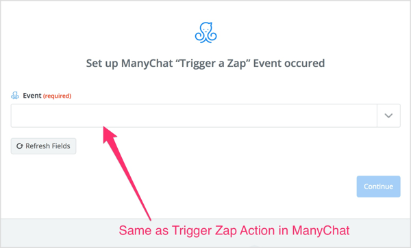 Válassza ki a Trigger Zap műveletet, amelyet a ManyChat folyamatban hozott létre.