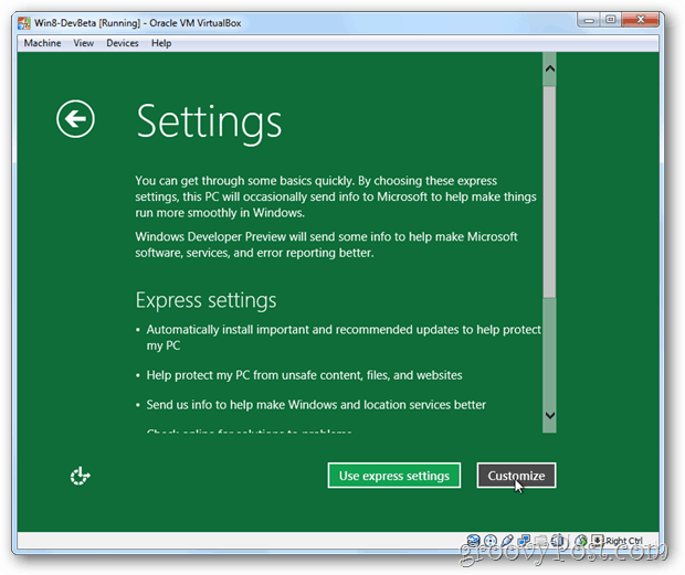 A VirtualBox Windows 8 kifejezi vagy testreszabja a telepítést