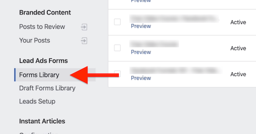 Forms Library opció a Facebook Publishing Tools alkalmazásban