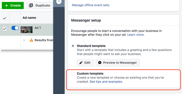 Hogyan célozhatjuk meg a meleg leadeket a Facebook Messenger hirdetésekkel, 10. lépés: Messenger rendeltetési sablon opció