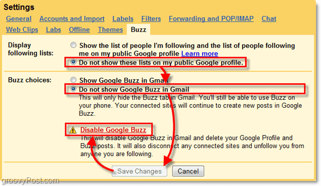 a gmail beállításaiban kattintson a google buzz fülre