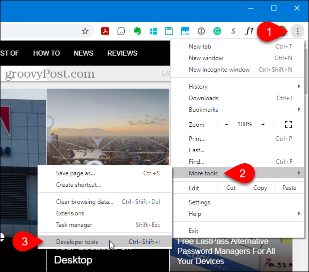 Válassza a További eszközök> Fejlesztői eszközök lehetőséget a Chrome-ban