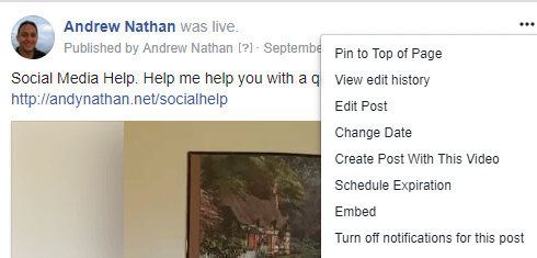 Ha beágyazási kódot szeretne kapni egy Facebook Live videóbejegyzéshez, kattintson a hárompontos menüre, és válassza a Beágyazás lehetőséget.