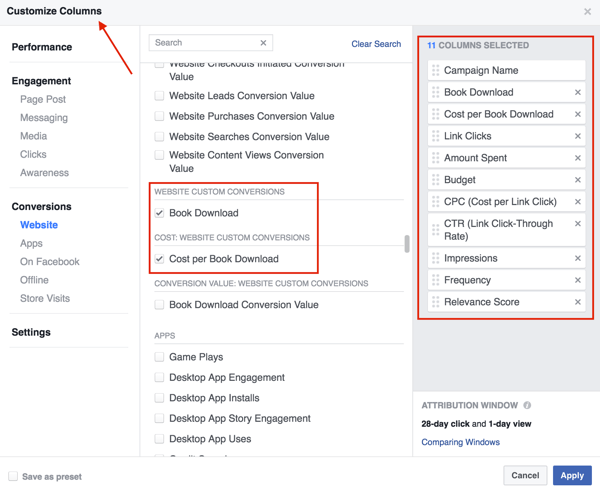 Válassza ki azokat az oszlopokat, amelyeket hozzá kíván adni a Facebook hirdetési eredménytáblázatához.