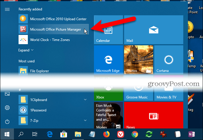 A Microsoft Office Picture Manager a Windows 10 Start menü Legutóbb hozzáadott részében