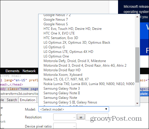 A Chrome fejlesztő eszközei az emulációs érzékelők eszköz kiválasztása
