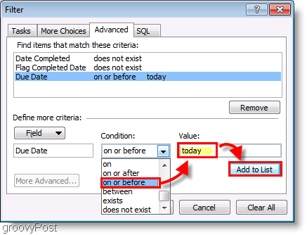 Képernyőkép: Az Outlook 2007 teendősáv beállítási szűrője ma