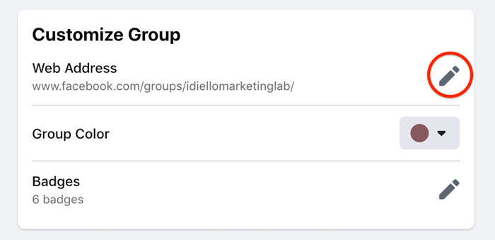 A facebook testreszabása csoportbeállítások opció kijelölve a webcím szerkesztéséhez