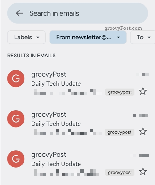 A Gmail alkalmazás keresési eredményei