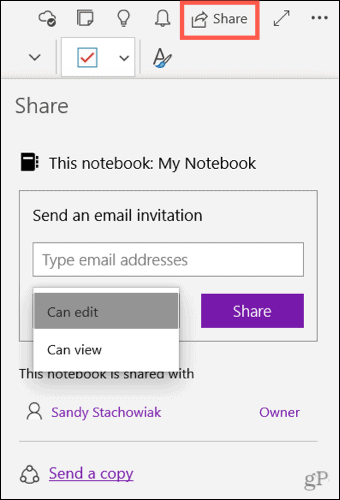 Jegyzetfüzet megosztása a OneNote for Windows 10 rendszerben