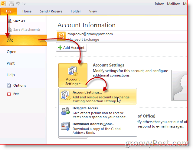 Az Outlook 2010 képernyőképének fiókbeállításai