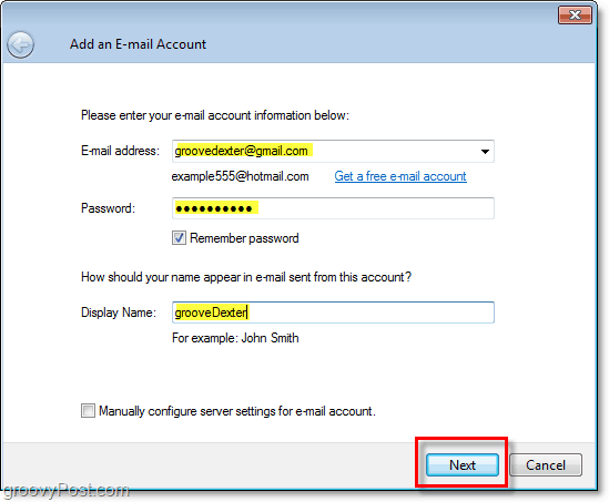 Írja be az e-mail fiók hitelesítő adatait a Windows Live Mail alkalmazásba