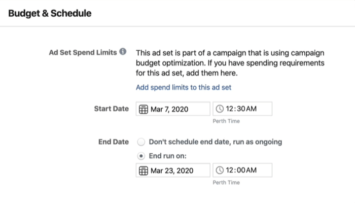 Költségvetés és ütemezés szakasz a hirdetéskészlet szintjén a Facebook Ads Manager-ben