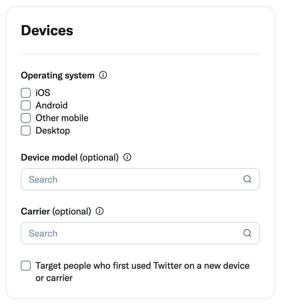 hogyan kell méretezni a Twitter-hirdetéseket a célközönség bővítése a korlátozó célközönség kiterjesztése az eszközök eszközcélzása-modellek vagy szolgáltatói operációs rendszer-example-7 hozzáadása