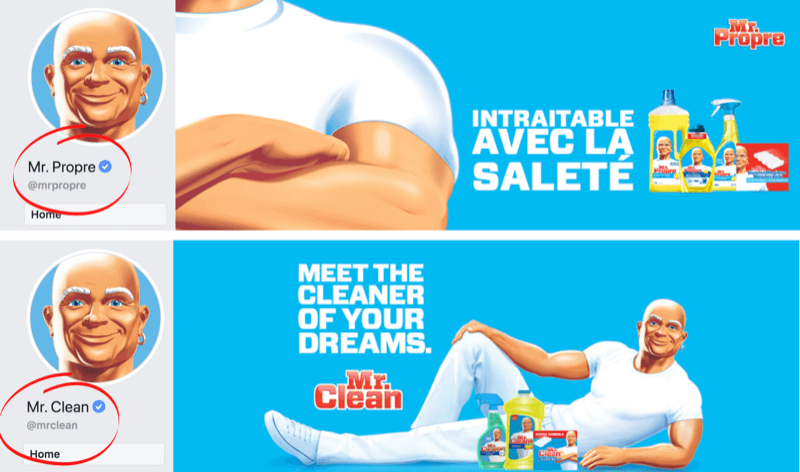 Facebook-oldal és borítókép, amely a Mr. Clean márka nyelvi különbségeit mutatja Franciaország / Belgium és az Egyesült Államok piacain