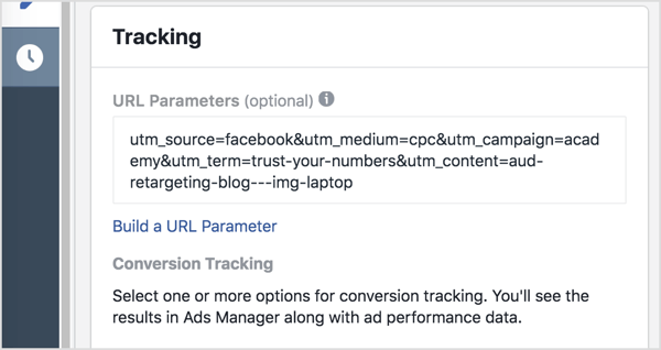 Az Ads Manager alkalmazásban adja meg a nyomkövetési paramétereket (mindent a kérdőjel után) az URL-paraméterek mezőbe.