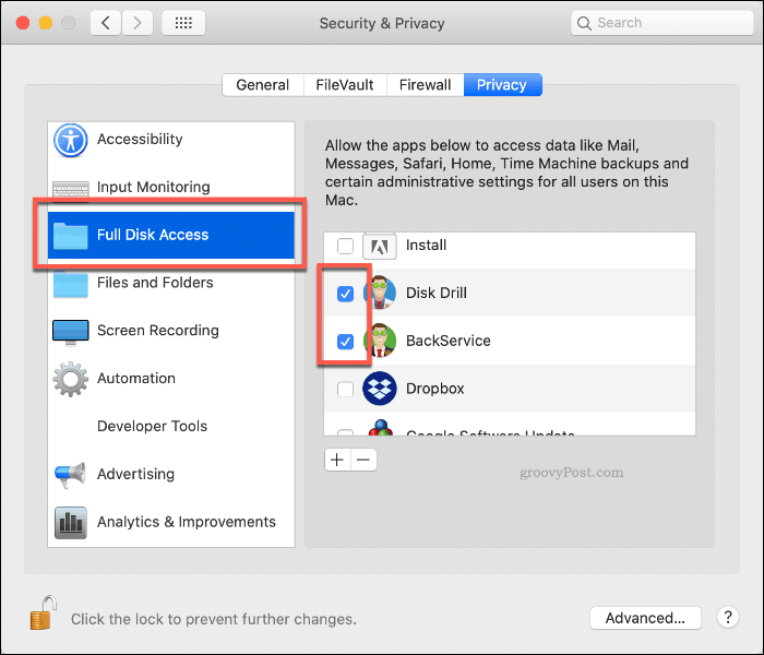 A Disk Drill teljes meghajtóhozzáférésének engedélyezése a macOS rendszeren