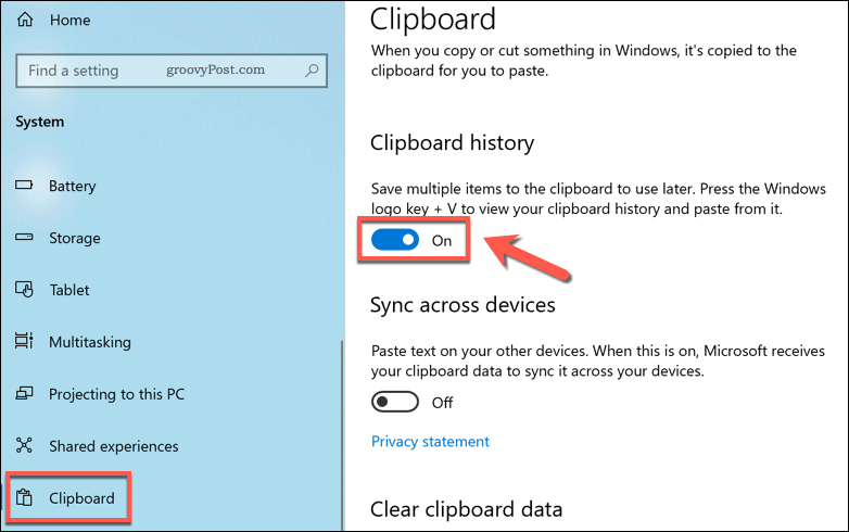 A vágólap előzményeinek engedélyezése a Windows 10 rendszerben