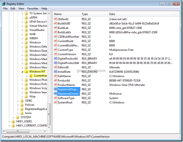 A Windows beállításjegyzék-szerkesztő képernyőképe